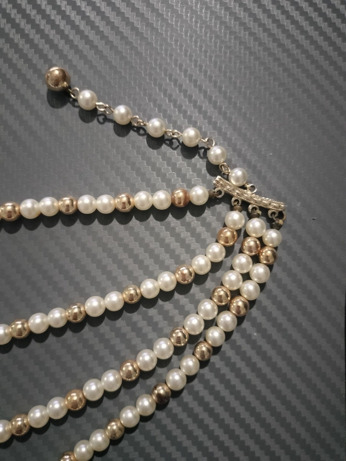 Vintage Multi Strand Faux Pearl Necklace White Gold Tone Decorative Hook Clasp 1