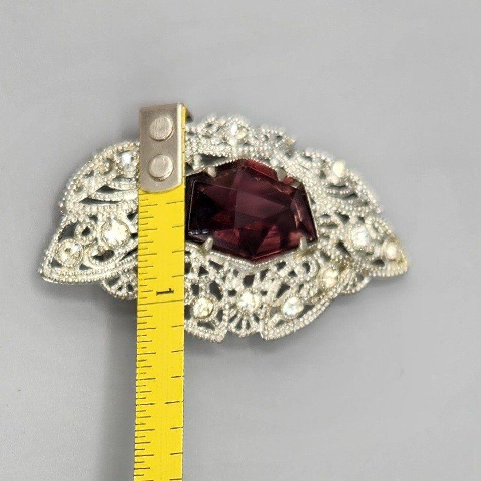 Art Deco Little Nemo L/M Signed Purple Hexagon Glass & Paste Pot Metal Brooch