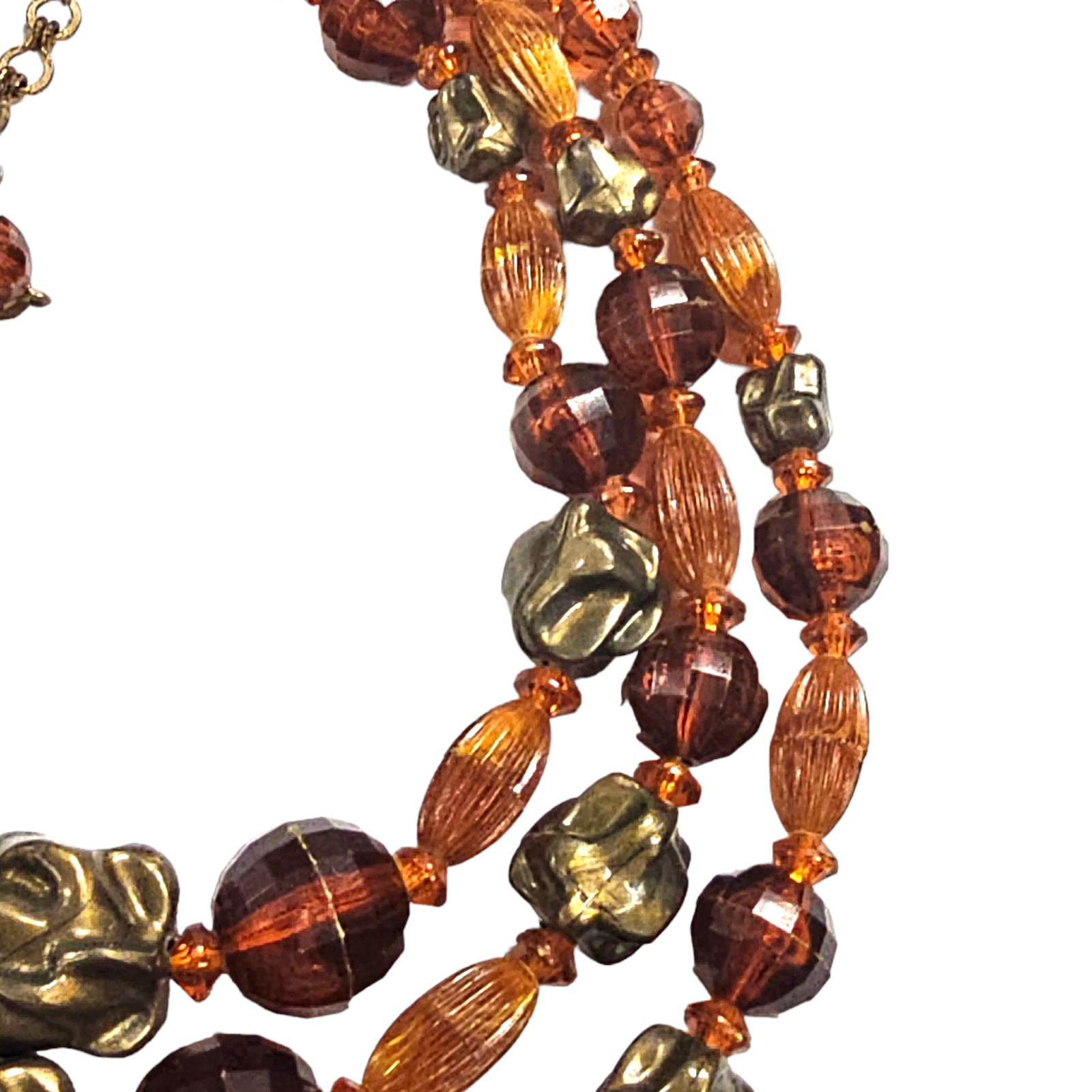 VTG 3-Strand Amber Color Bronze Bead Necklace Lucite & Glass Jewelry 14″