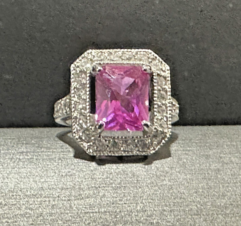 Pink Stone Halo Clear Rhinestone Statement Ring Silver Tone Sz 7.25