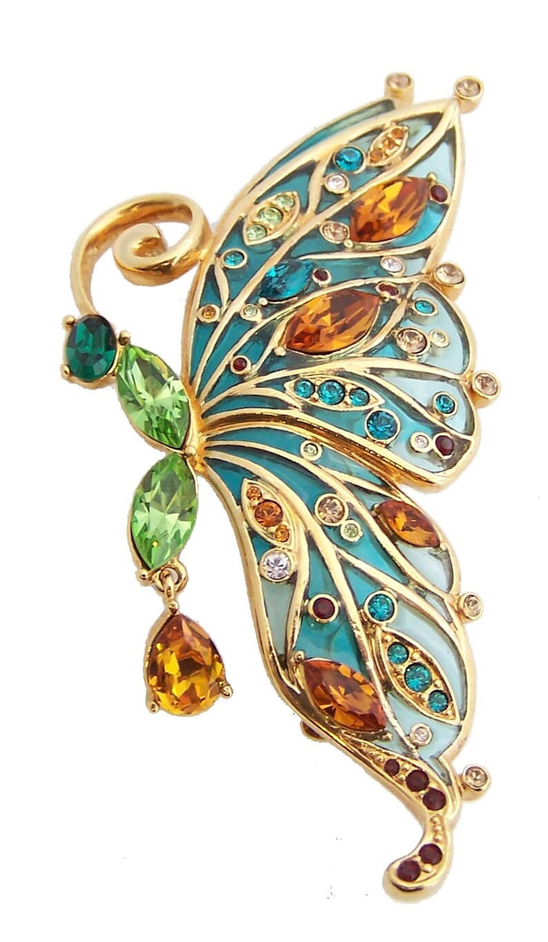 Butterfly Pin Brooch Art Nouveau Style Gold Metal Alloy Set With Enamel