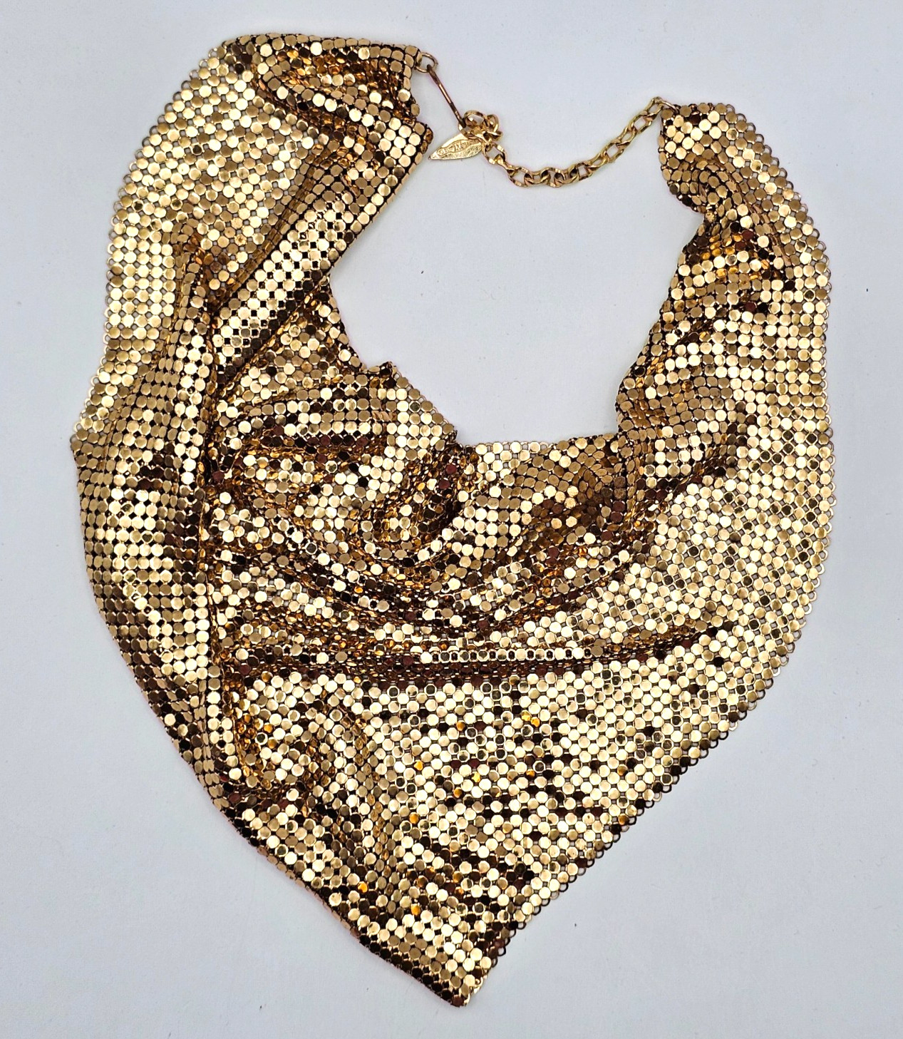 Vintage Whiting & Davis Gold Tone Mesh Scarf Bib Statement Necklace Disco