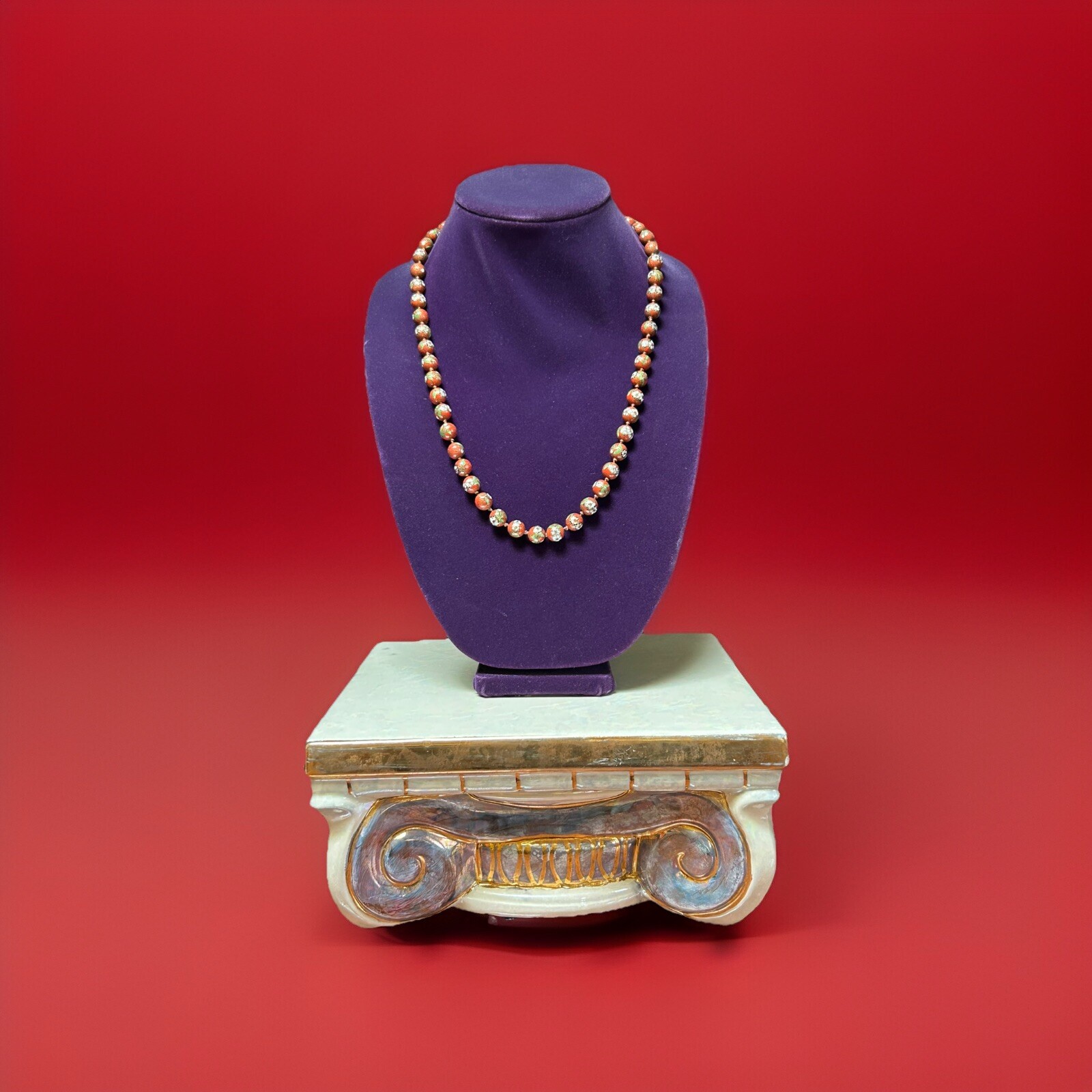 Original Vintage Chinese Cloisonne Hand Knotted Beaded Red Multicolored Necklace