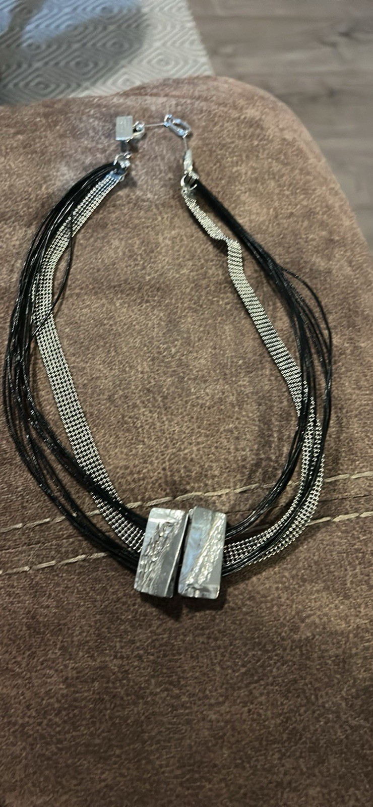 Anne Marie Chagnon Modernist Brutalist Necklace 17.5-20” Mixed Metals & Cord