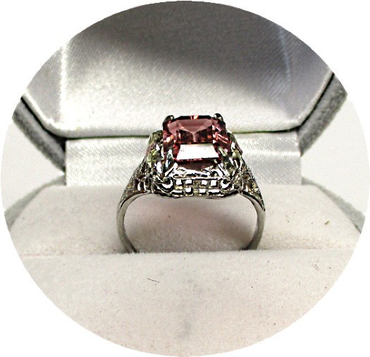 Gorgeous Rosy-Pink TOURMALINE Ring – Art Deco Filigree – 14k Solid White Gold…