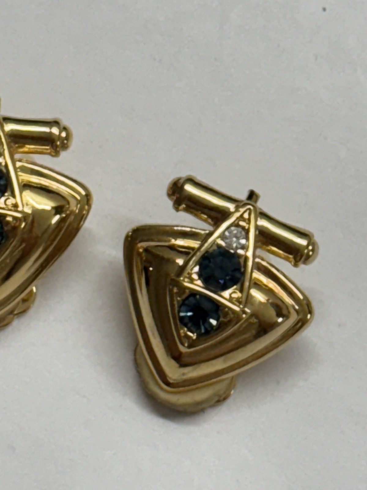 nolan miller clip on earrings gold blue triangle rhinestone crystal modernist