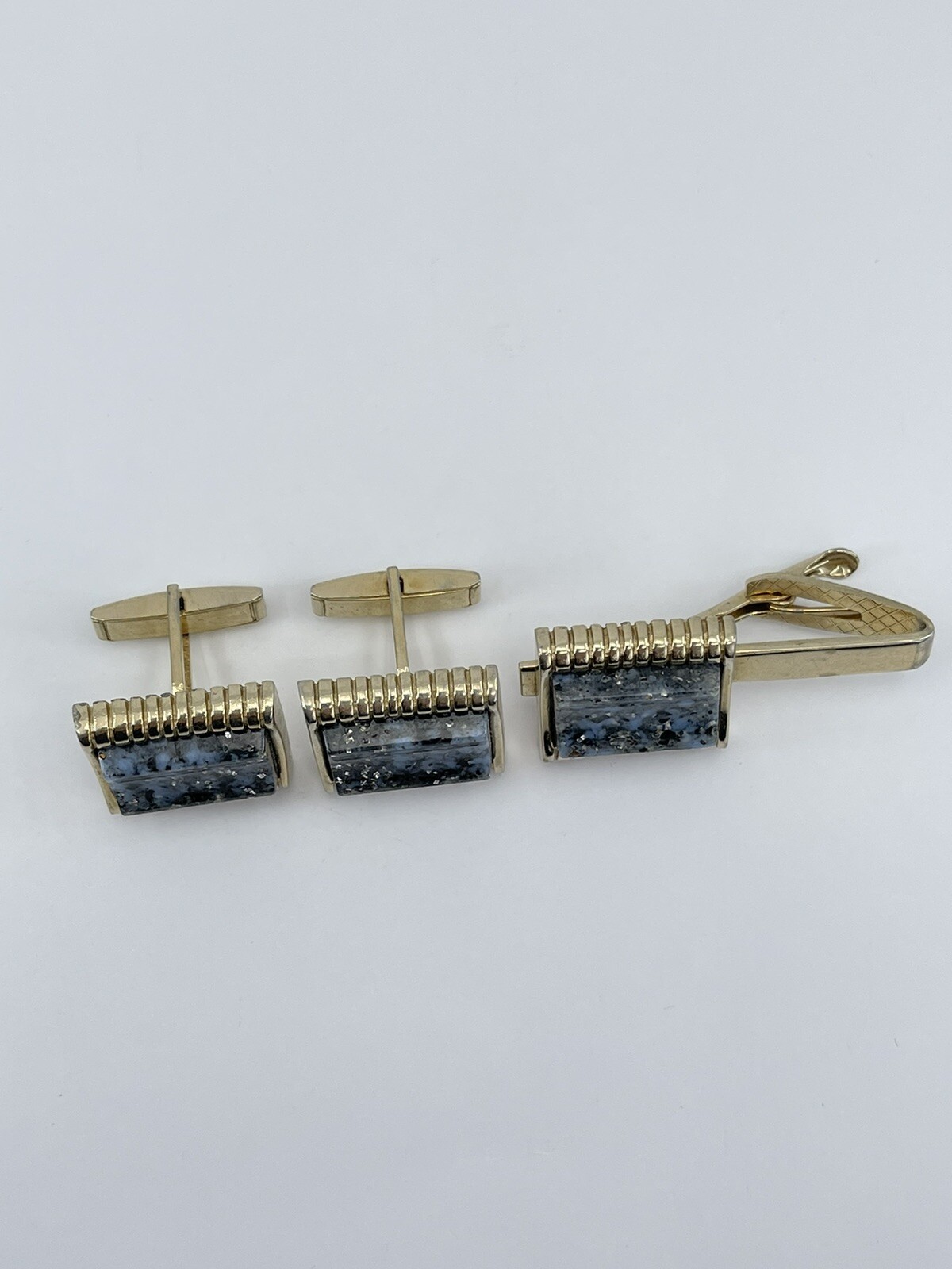 Cufflinks and Tie Clip Set concave glass rectangle gold tone