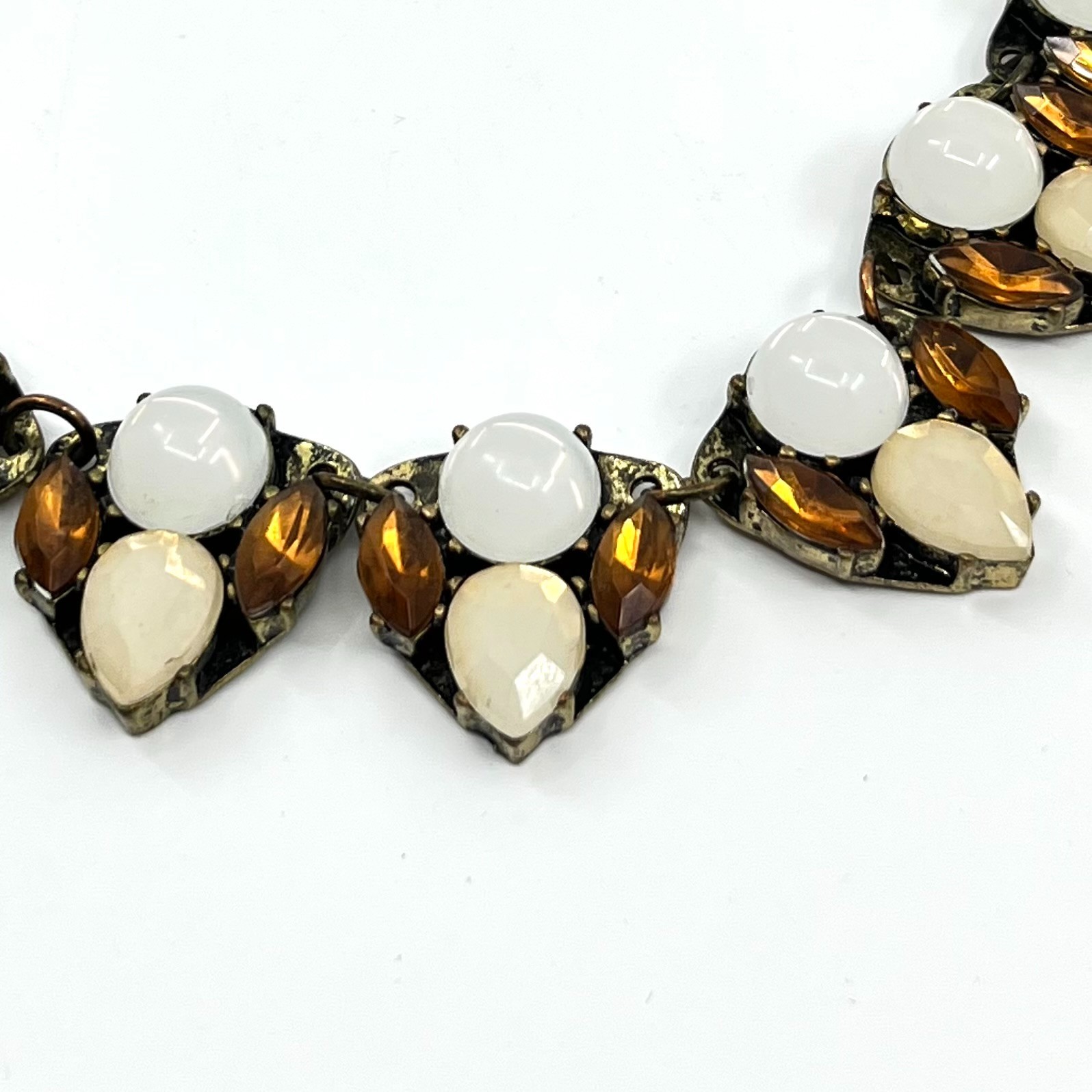 VTG Antique Gold Tone Multi-Stone Statement Collar Necklace Amber Cream White