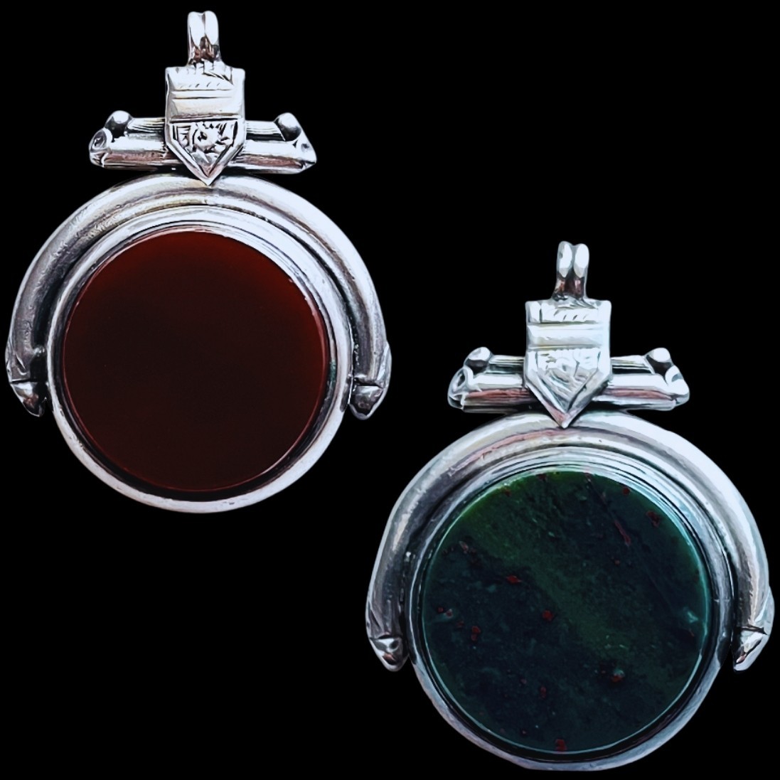 Antique 1887 Victorian Bloodstone + Carnelian Fob Pendant *Chester Silver*