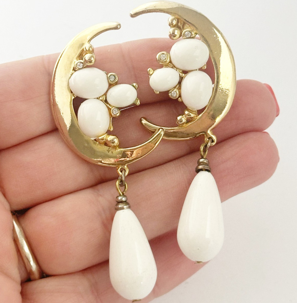 Vintage Crescent Moon Dangle Earrings White Cabochon Gold Tone Clip On Celestial