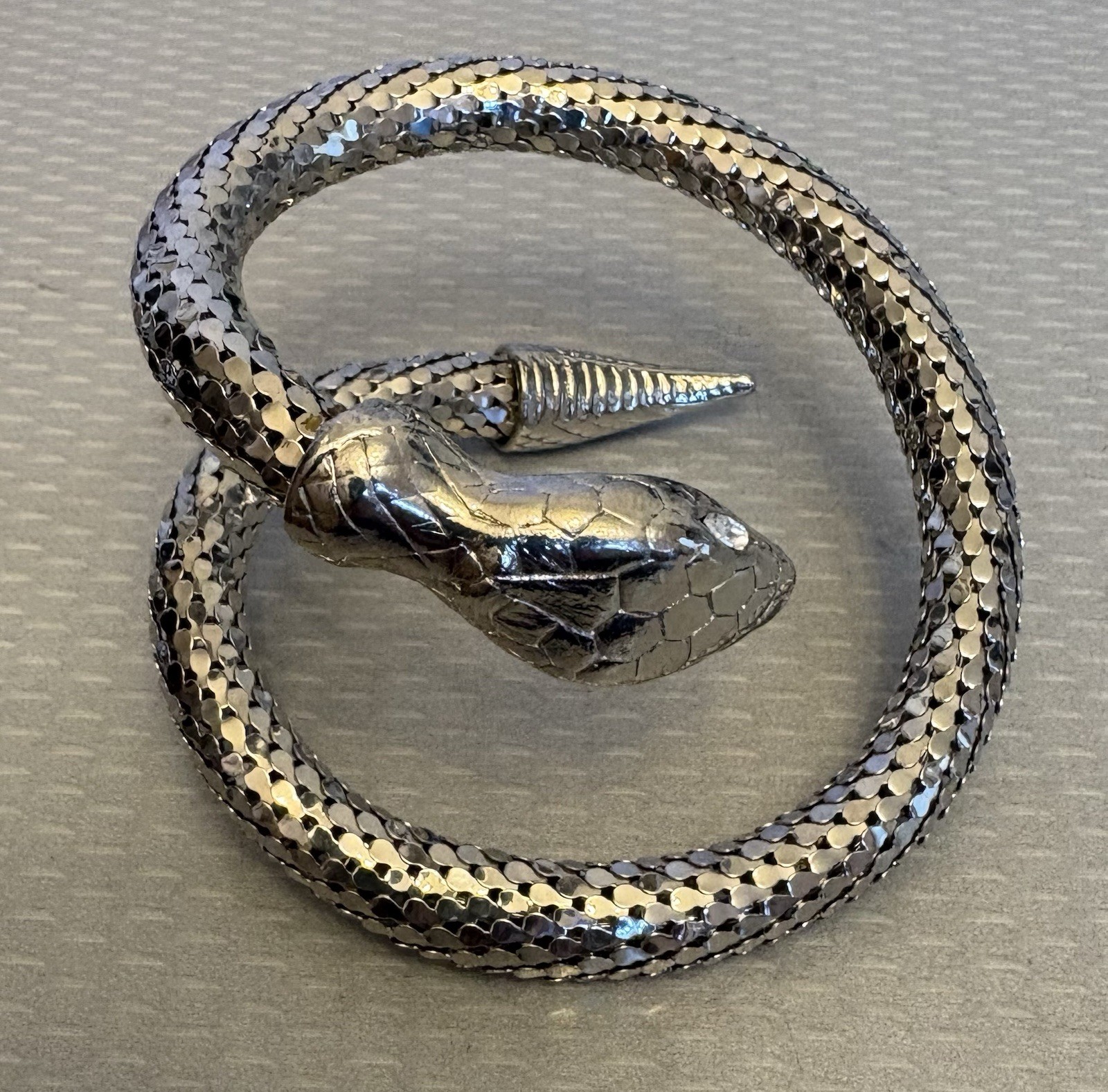 Vintage Silvertone Mesh Snake Wrap Bracelet Crystal Marquise Eyes unsigned
