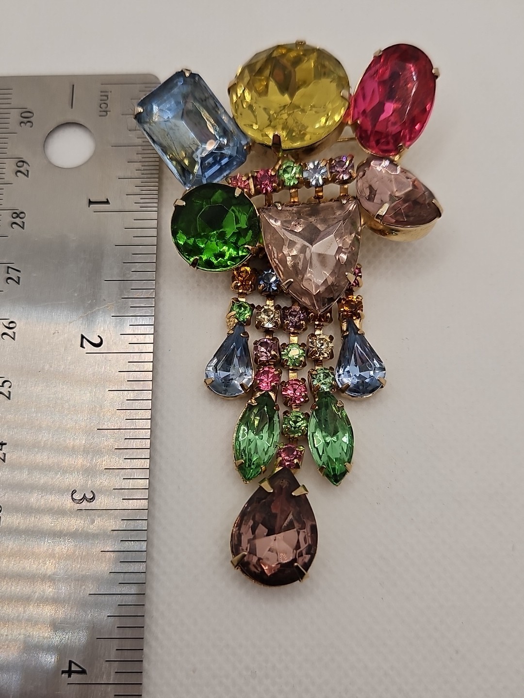 Vintage Chandelier Large Brooch & Earrings Multicolor Rhinestones Set