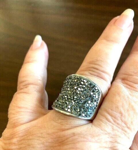 Stainless Steel Vintage Marcasite Gemstone Concave Ring – Size 9