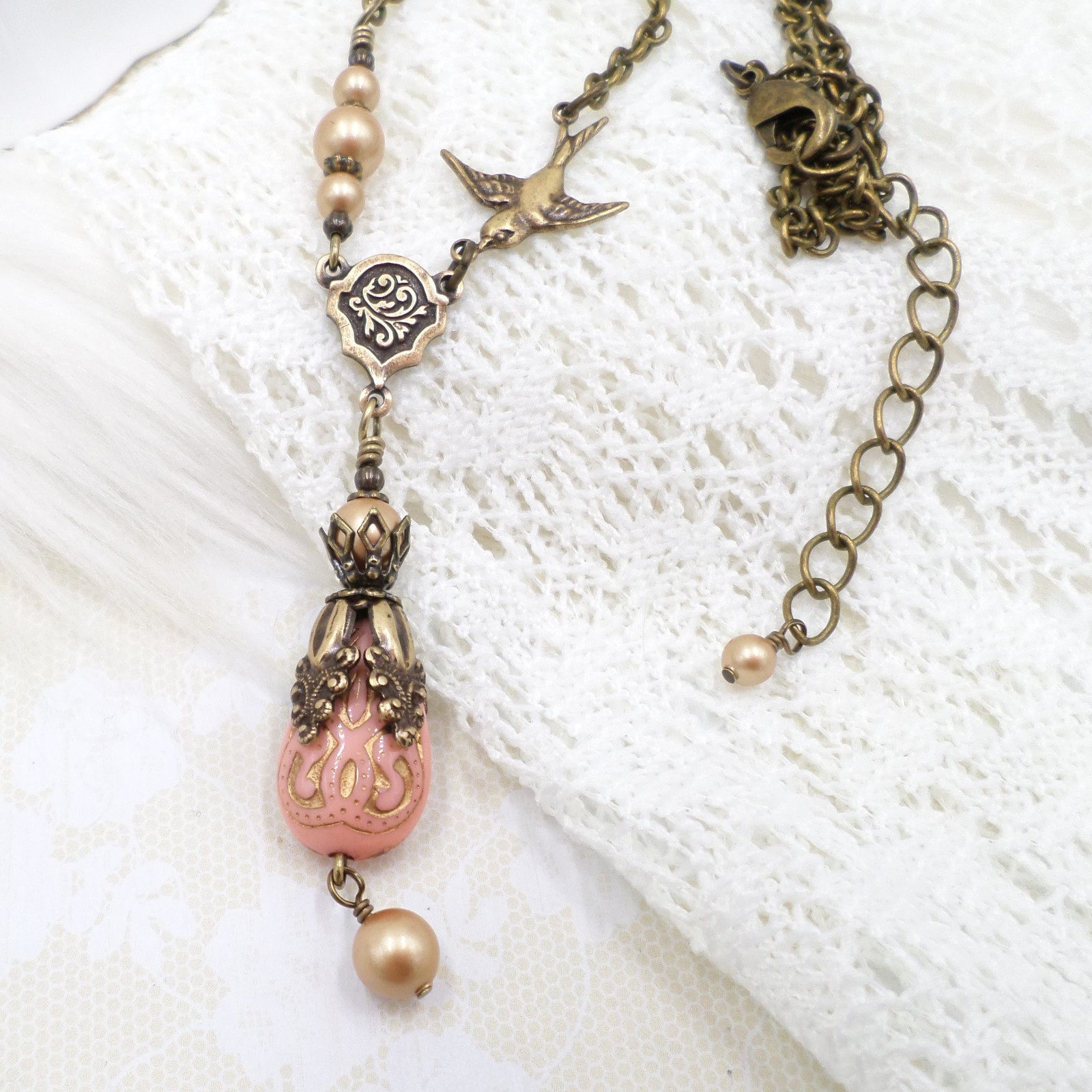 Victorian Style Brass Bird Necklace Pink Acrylic Bead Gold Pearl Handmade Unique