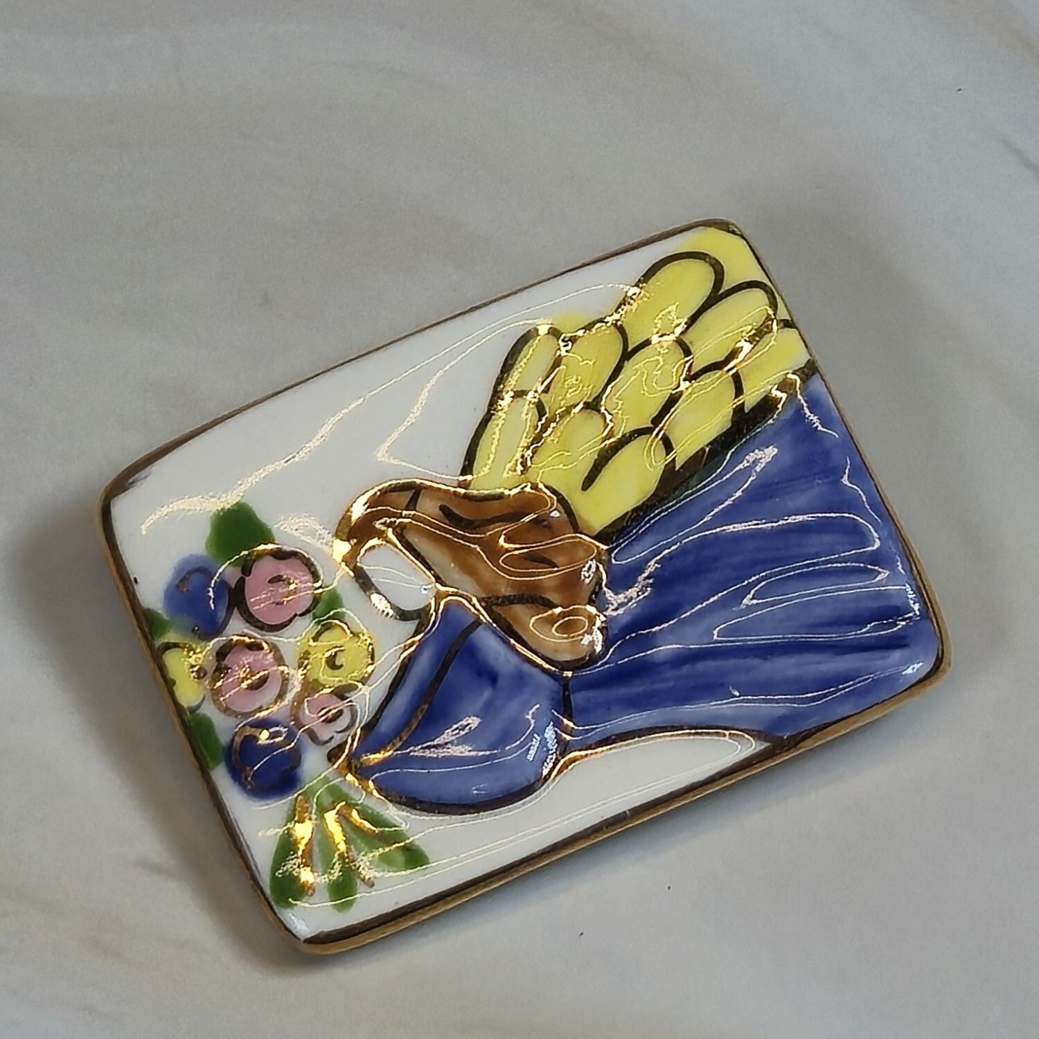 Ceramic Brooch Angel Hand-painted Watercolor Gold Gild Floral Vintage Jewelry…