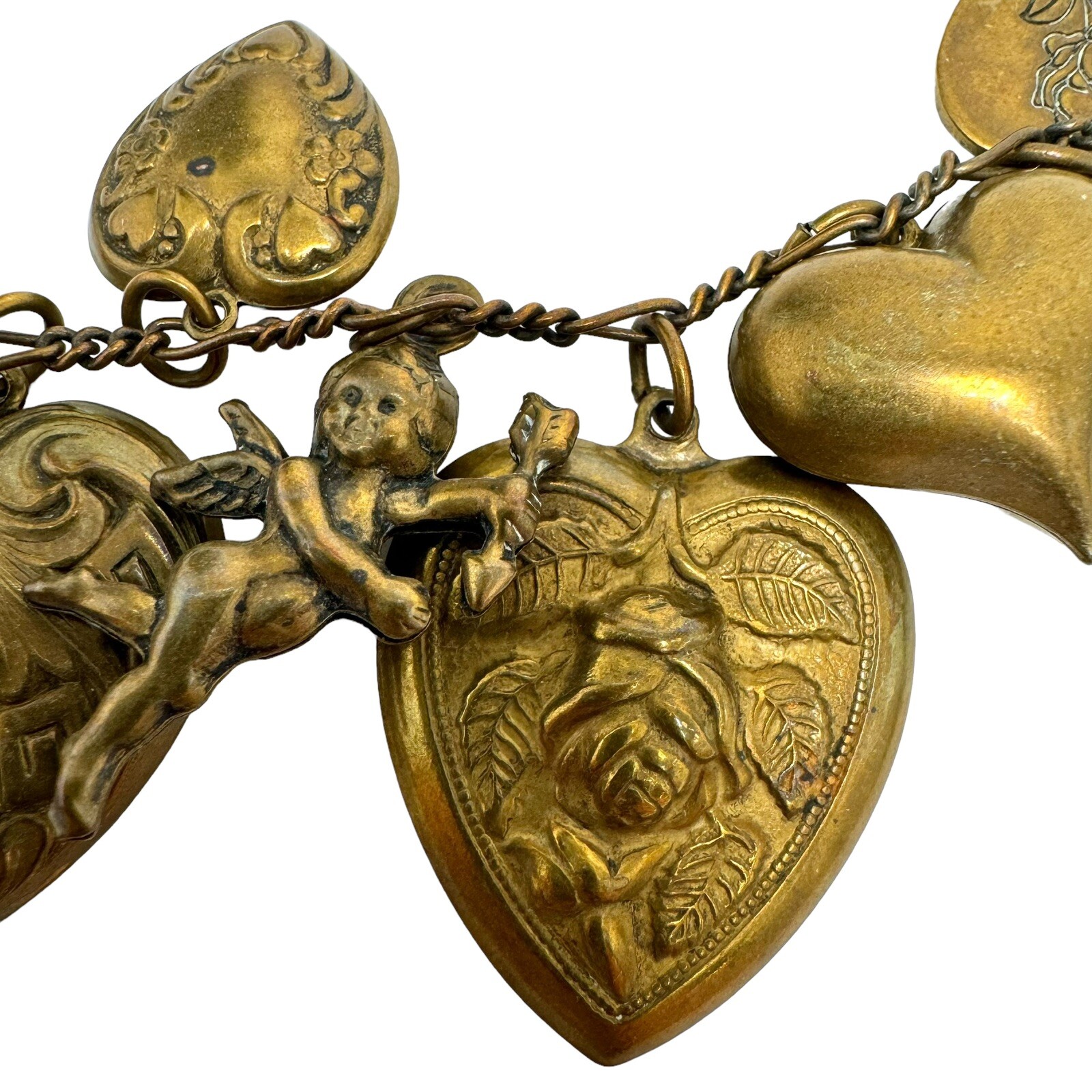 Victorian Style Bronze Color Embossed Fancy Hearts Cherub Charm Bracelet