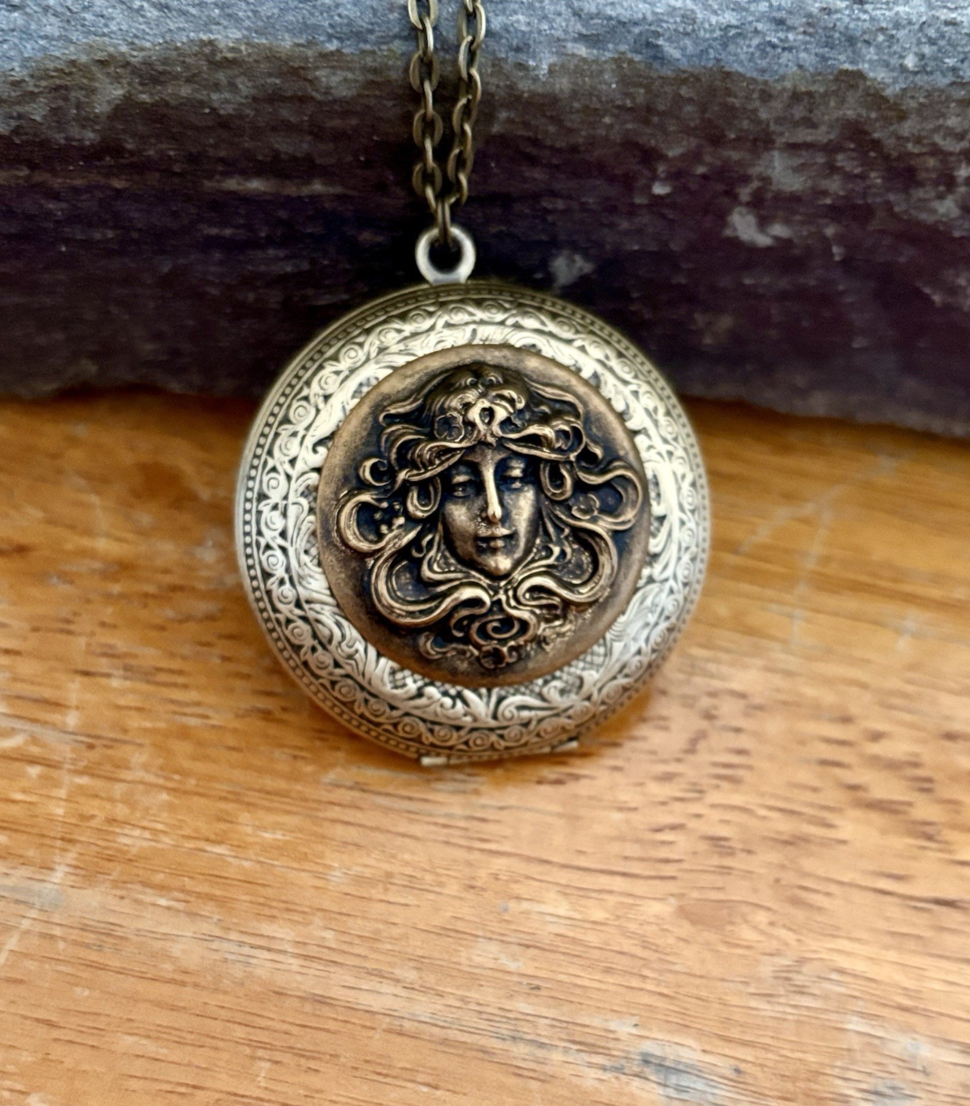 Vintage Goddess Lady w/ Headpiece Locket Necklace, Art Nouveau Victorian Pendant
