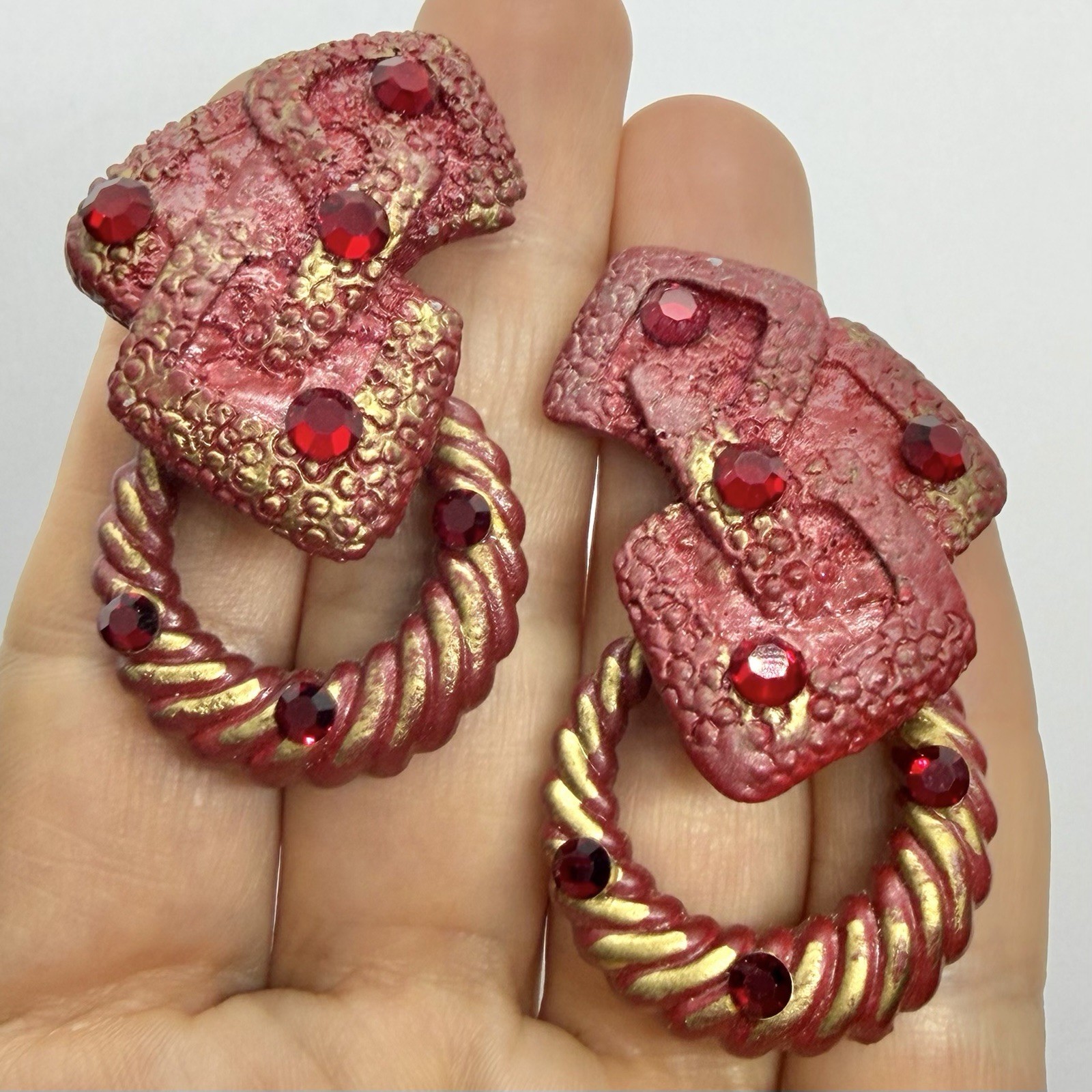 Vtg 80’s Designer Signed Red Gold Lucite Rhinestone Door Knocker Earrings Clip