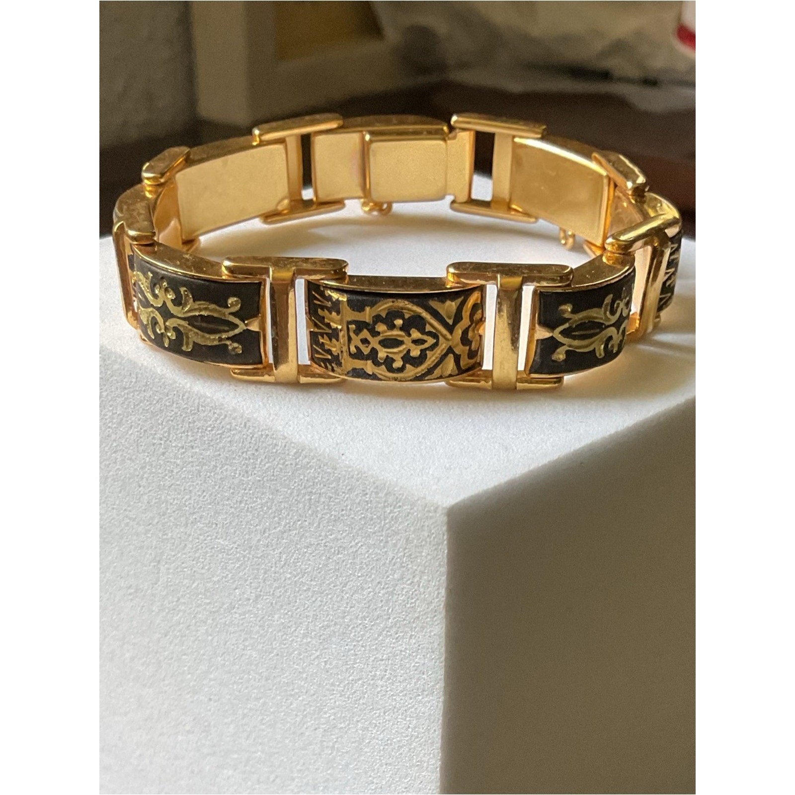 Vintage Damascene Linked Panel Bracelet Gold Tone 7.25” Repair Craft