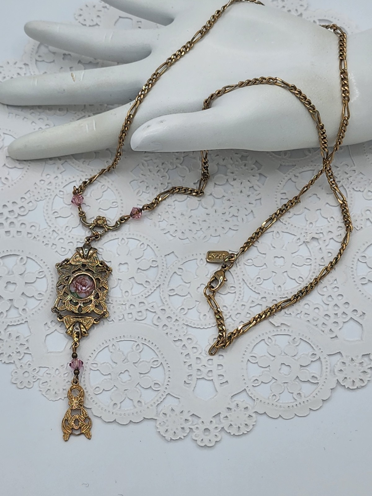 1928 Victorian Deco Porcelain Rose Pink Crystal Pendant Necklace 23″