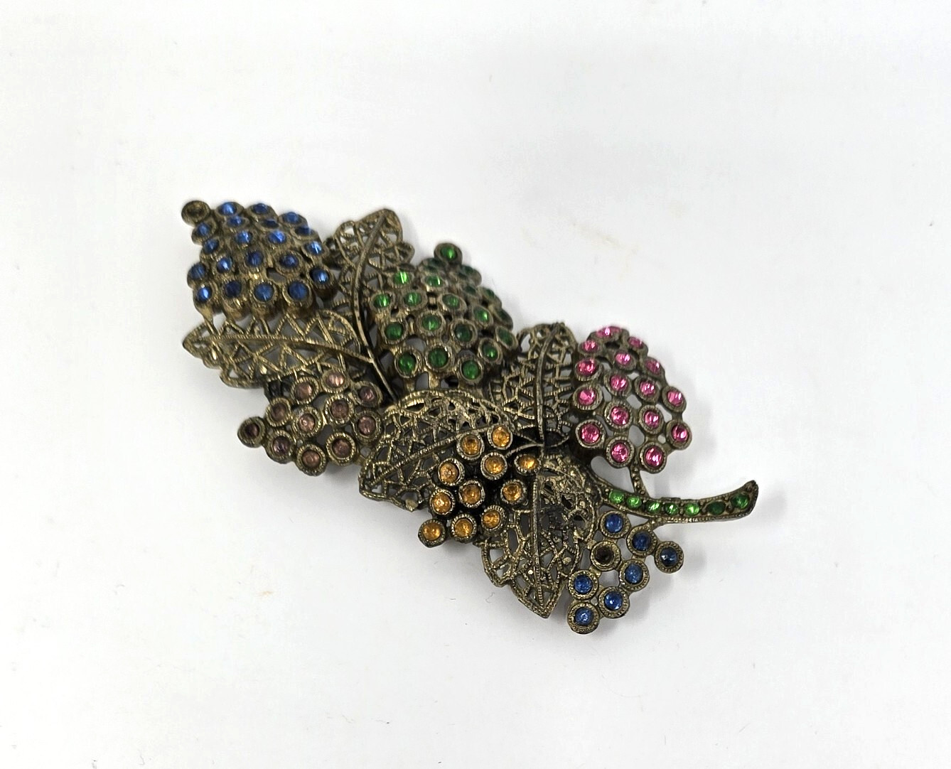 Vintage Antique LITTLE NEMO Brooch Pin Pot Metal Paste Rhinestones Plant Flowers
