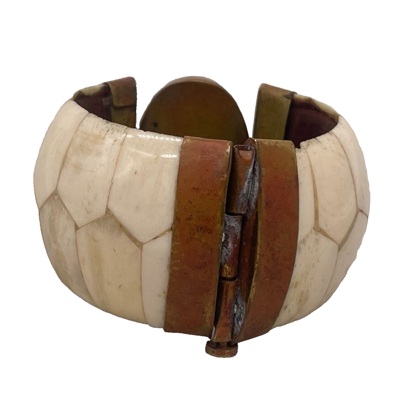 Vintage Brass Stone Wide Bangle Hinged Pin Bracelet Chunky African Tribal Ethnic
