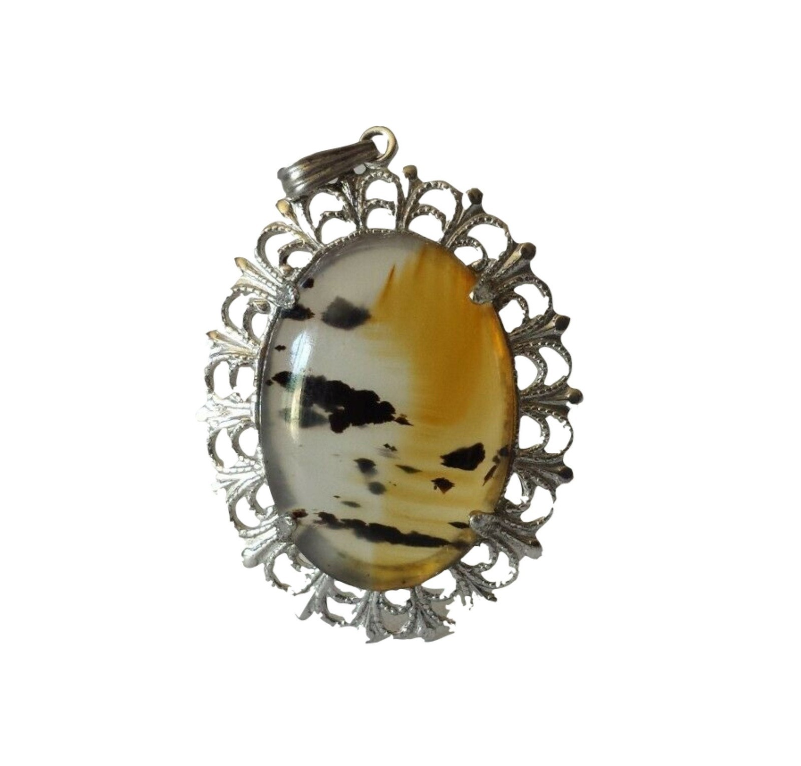 Picture Agate Pendant w Fancy Sterling Filigree Mounting 1.75″ Long Estate Find