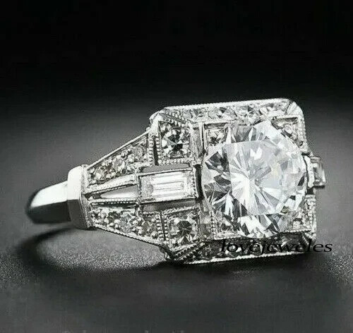 3CT Round Cut Real Moissanite 14K White Gold FN Vintage Art Deco Engagement Ring