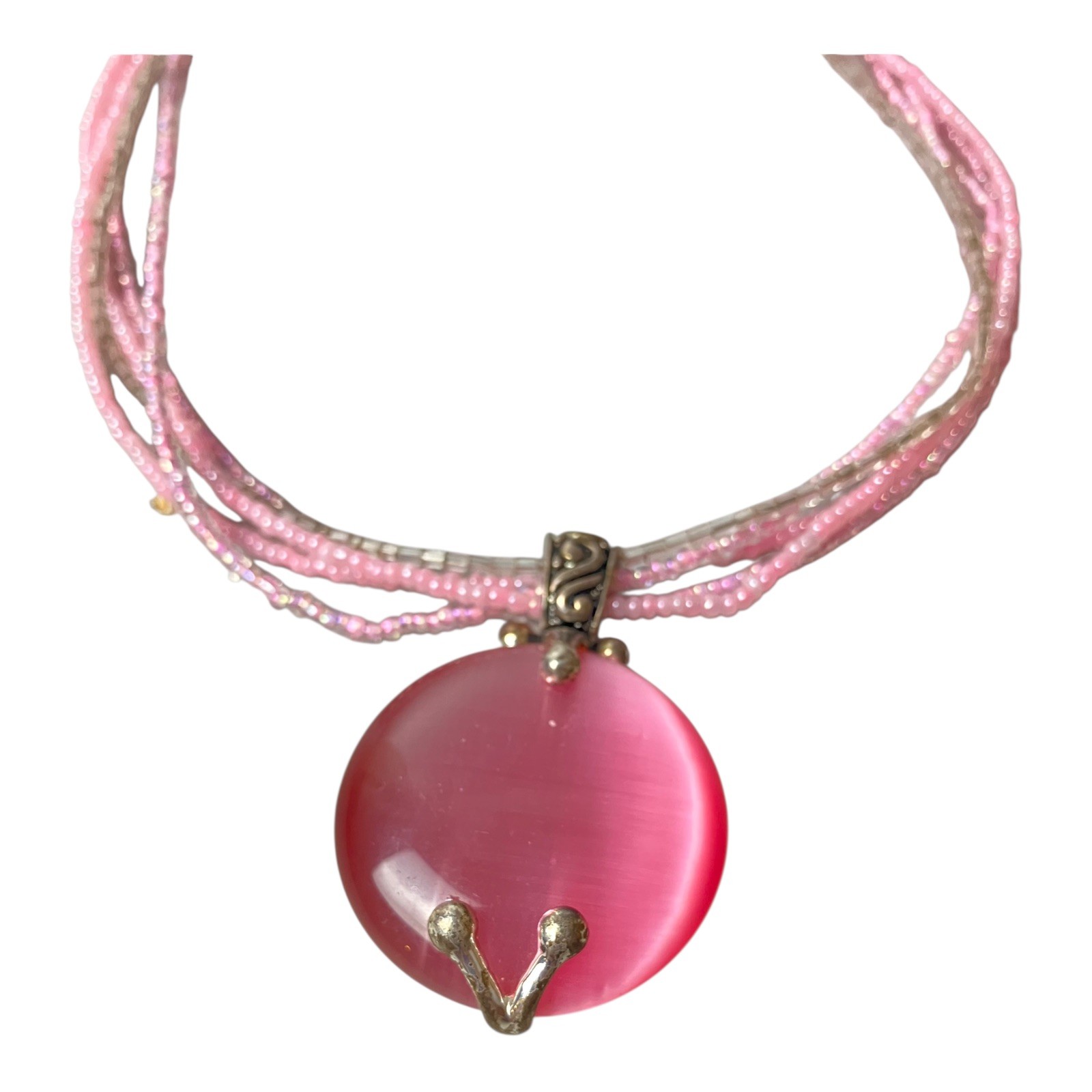 1980s VINTAGE JEWELRY Pink Moonstone Lucite Pendant Layer Bead Collar Necklace