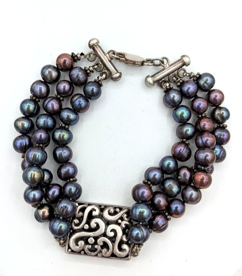 Vintage Peacock Pearl Bracelet Sterling Silver 925 3 Strand Freshwater Pearl