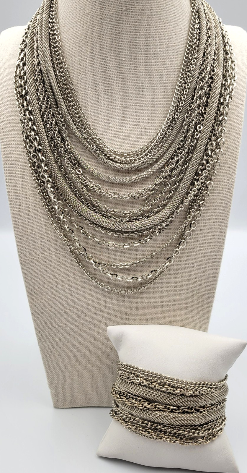 Vintage Multi Strand Chain Necklace Bracelet Jewelry Set Layered Silver Tone
