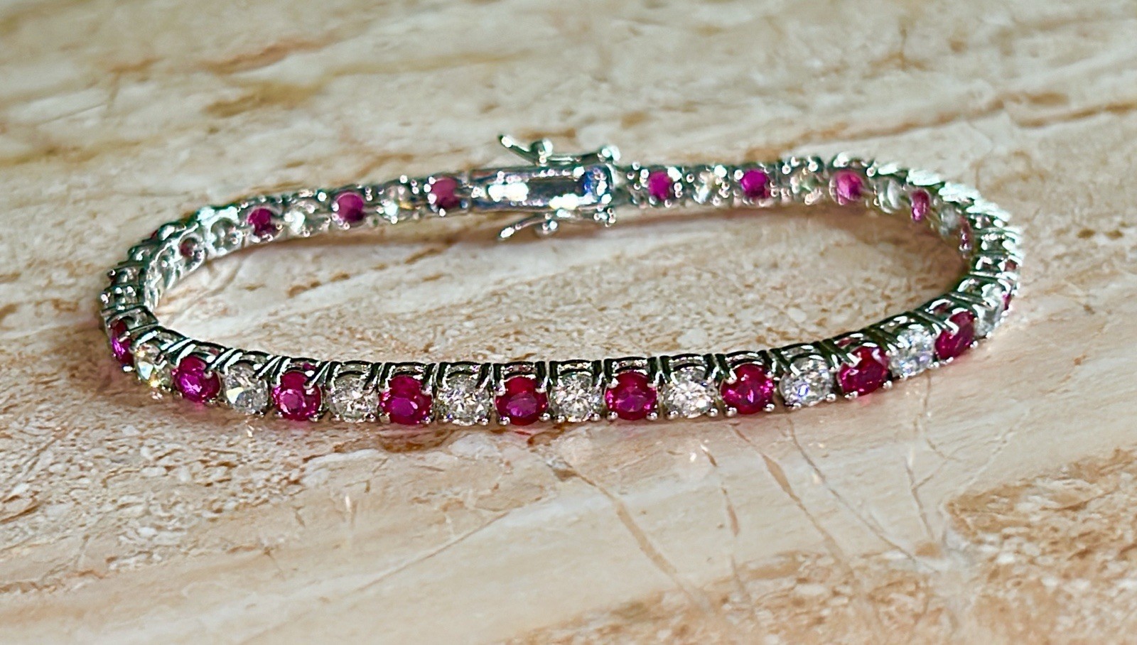 Vintage Sterling Silver 925 Tennis Bracelet Ruby Red Clear Stones 7″ Ships Free
