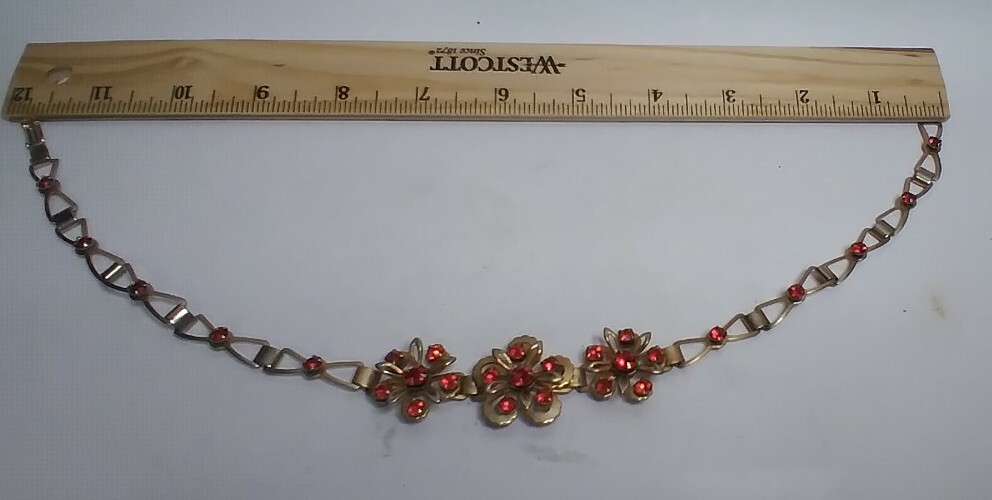 Vtg. Small Necklace & Screw Back Earrings Red Rhinestones Set In Goldtone Metal