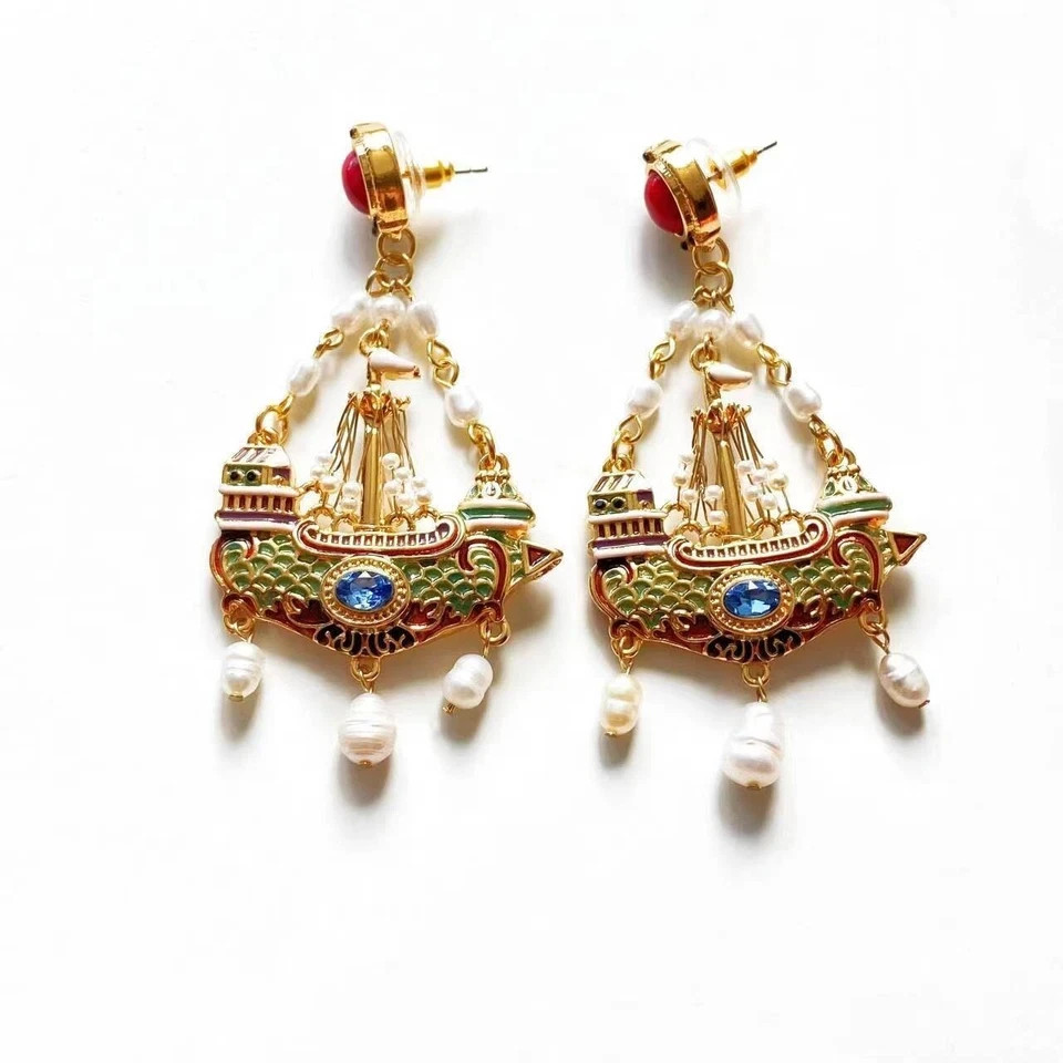Genuine Vintage Pearl Sailboat Dangle Earrings French Court Gold Enamel Luxury
