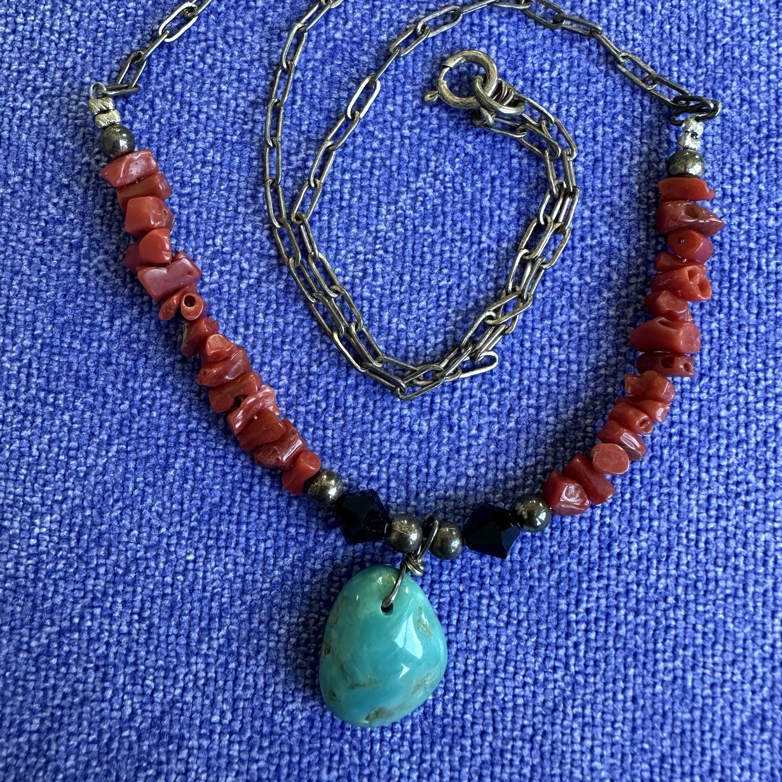 Natural Turquoise Red Coral 925 Sterling Silver Necklace Southwestern Boho