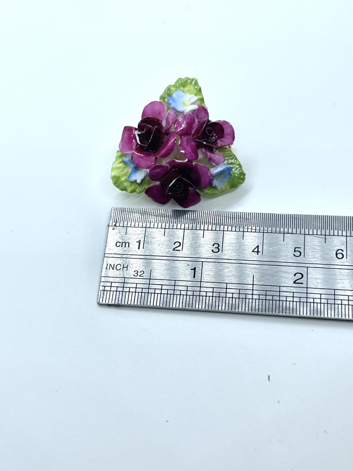 Vintage Coalport Bone China Red Rose ‘Forget Me Not’ Flower Leave England Brooch