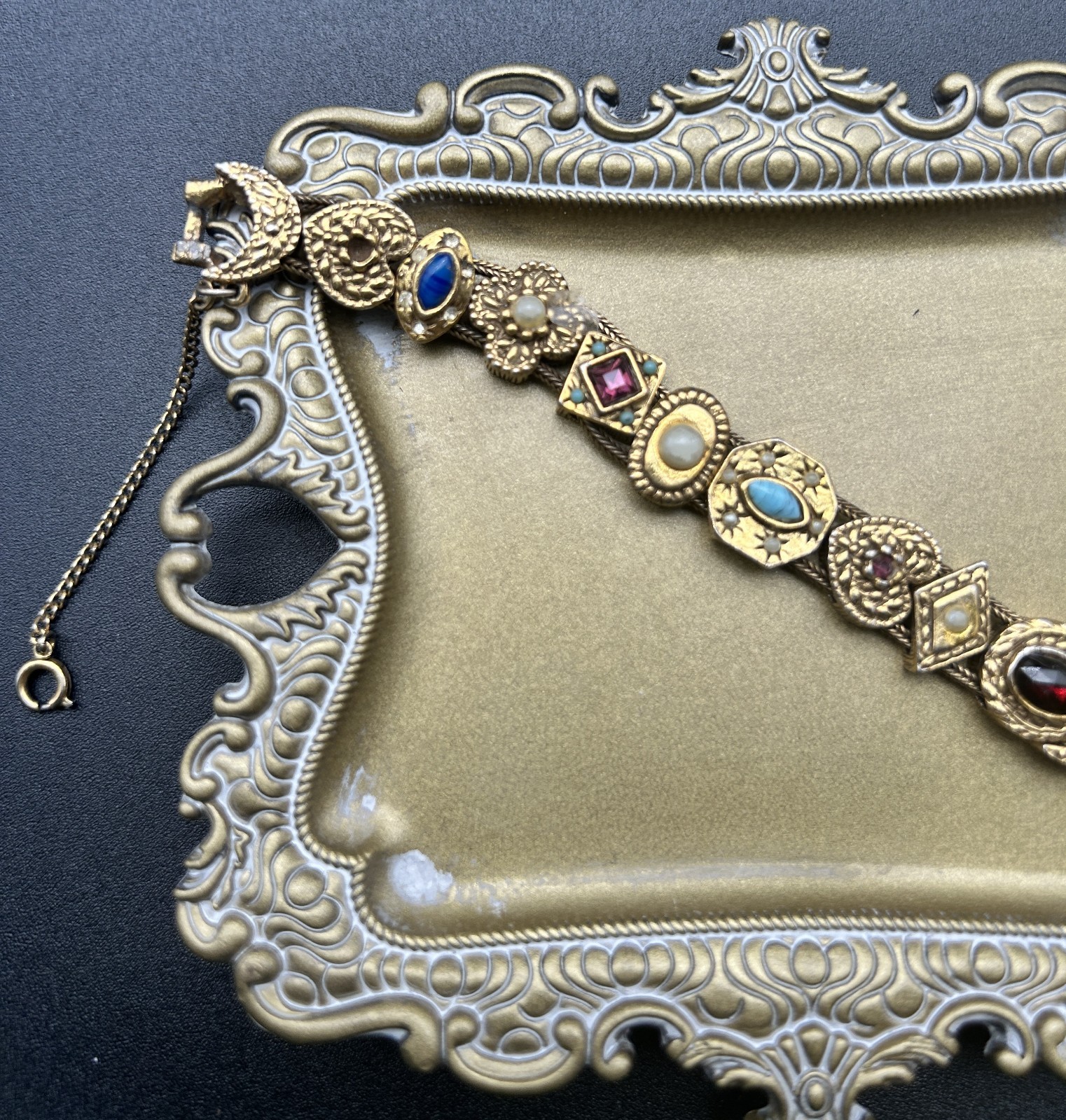 VTG Goldette Slide Bracelet Victorian Revival Multi Stone Crescent Moon