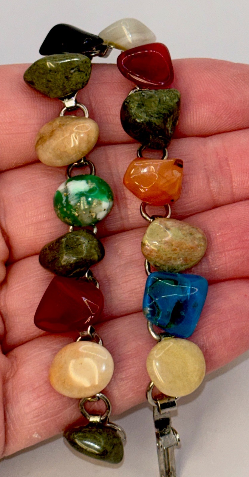 Vintage Link Polished Stone Glass Tumbled Agate Bracelet Rainbow 6.5”