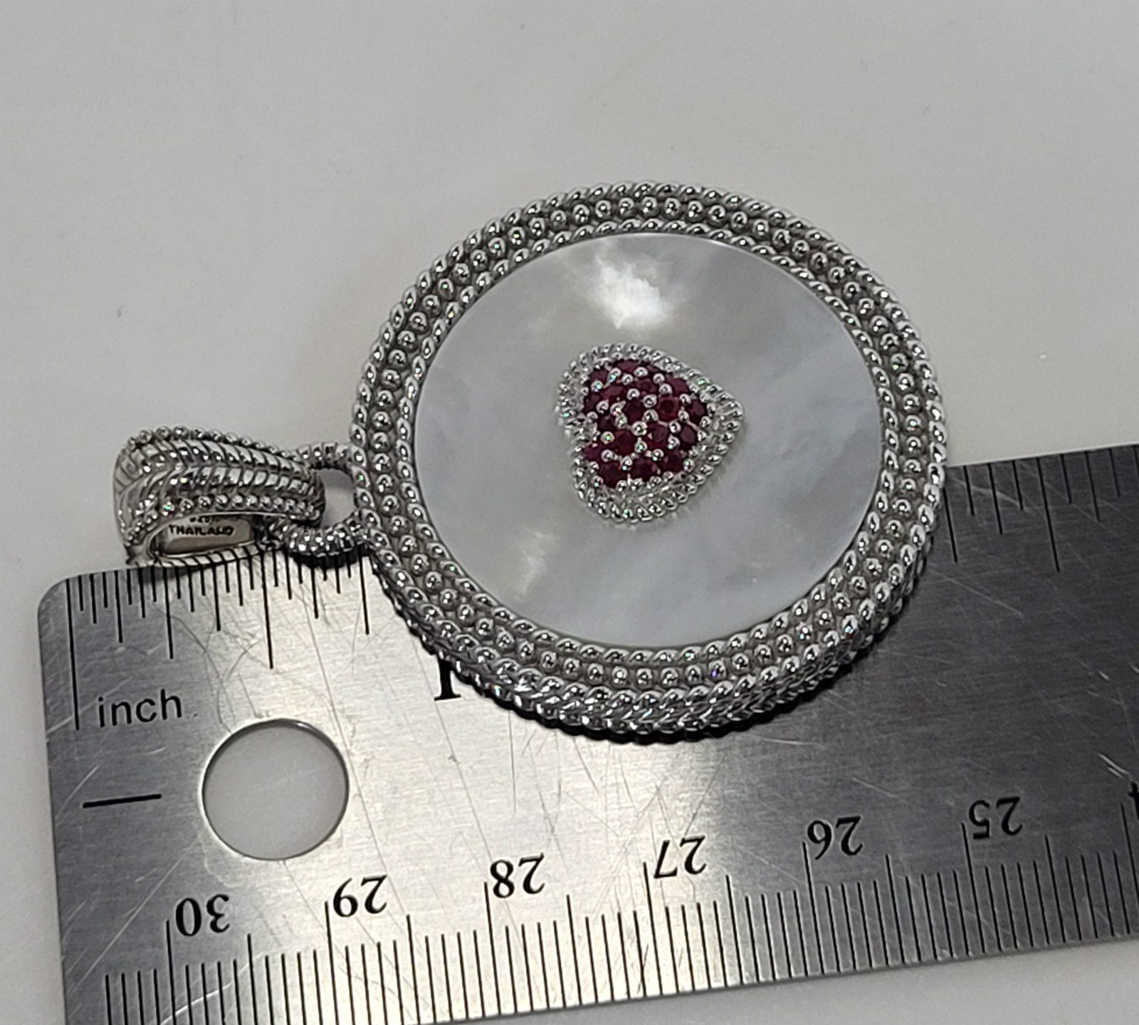 Judith Ripka Round MOP Sterling Enhancer Pendant w/ Pave Ruby Heart