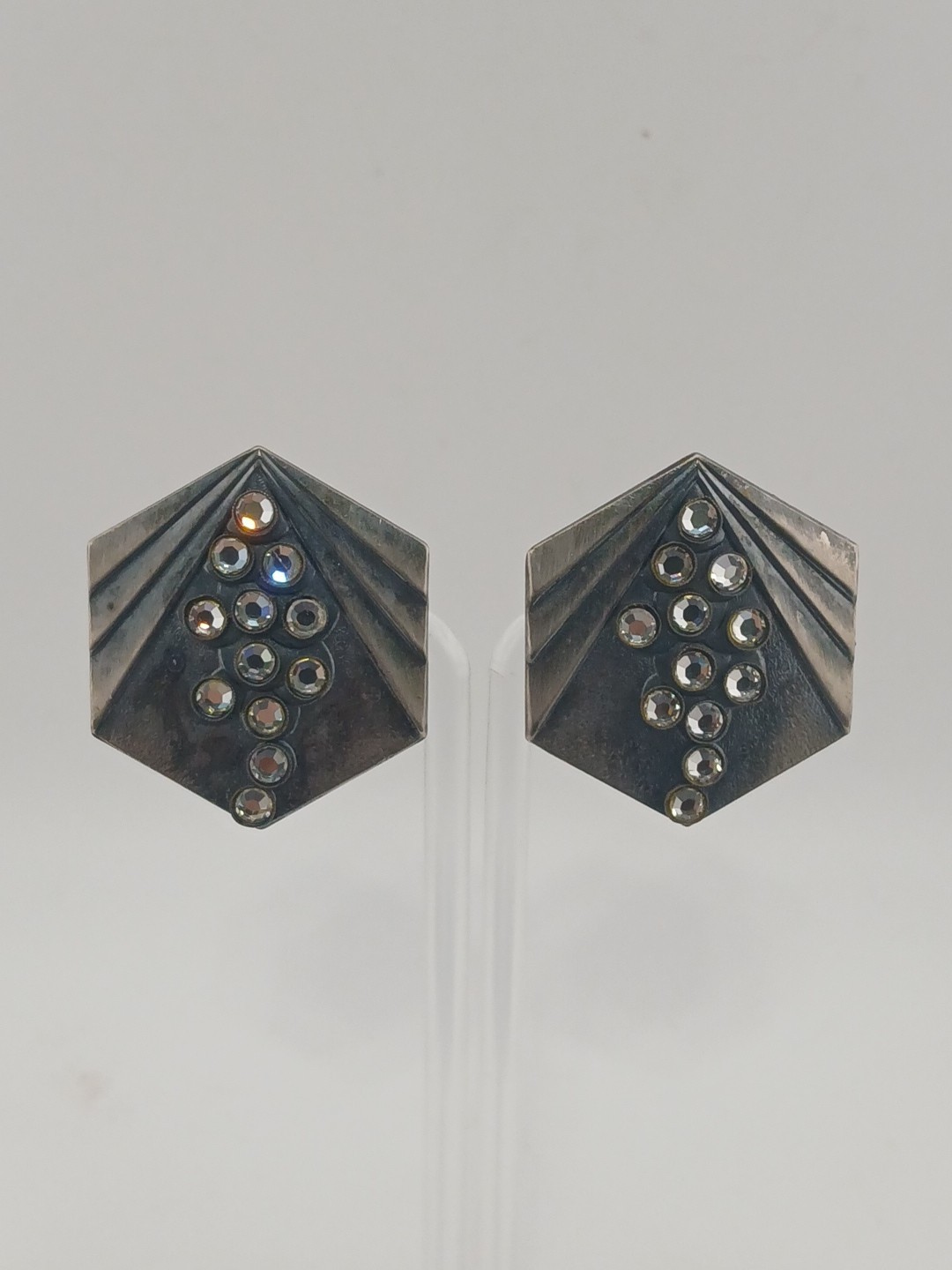 UNIQUE Gunmetal Clear Crystals MODERNIST pointed hexagon Clip-on Earrings