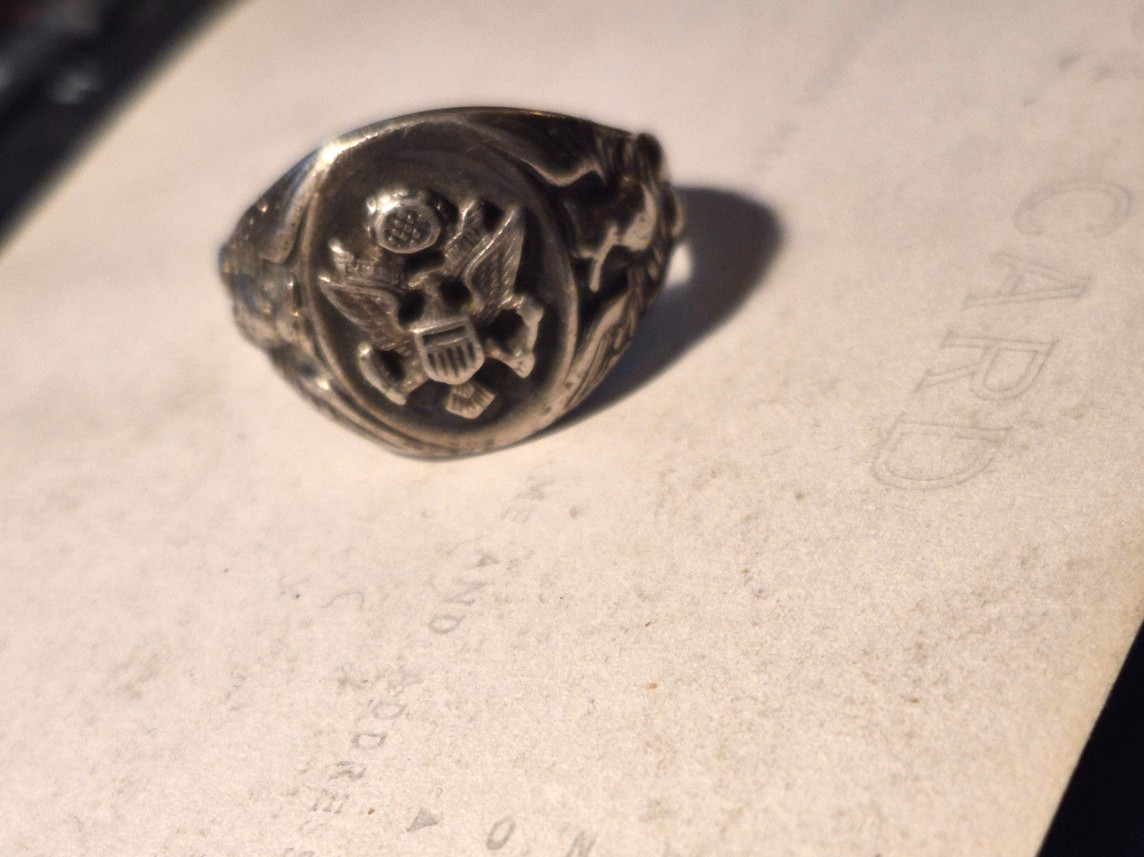 Vtg US Army Eagle Emblem Crest Sterling Silver 10.6gr WW2 Signet Ring Size 12