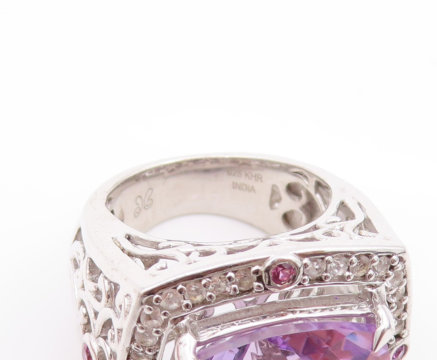 925 Sterling Silver Vintage Ring Large Amethyst Halo Sapphire Sz 5 RG32512