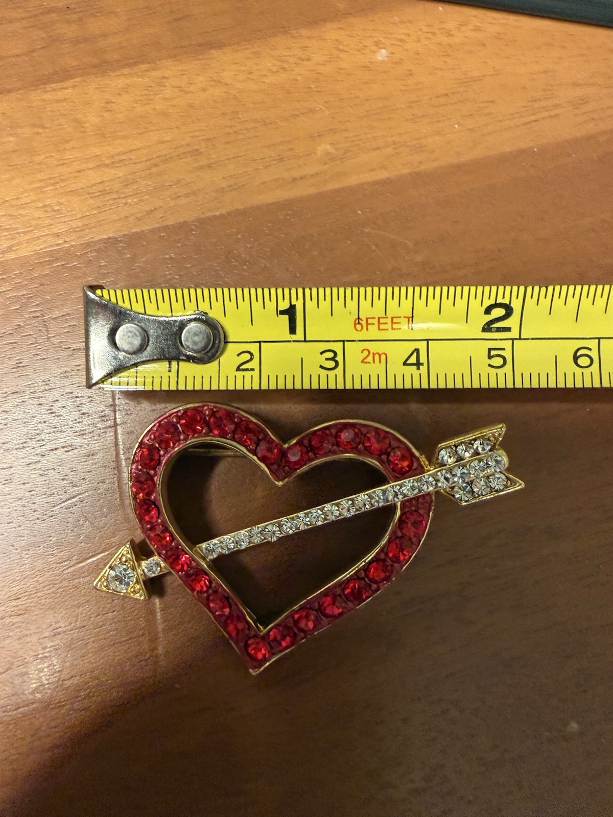 Sparkling Heart Brooch Ruby Red and White Arrow Gold Tone Jewelry