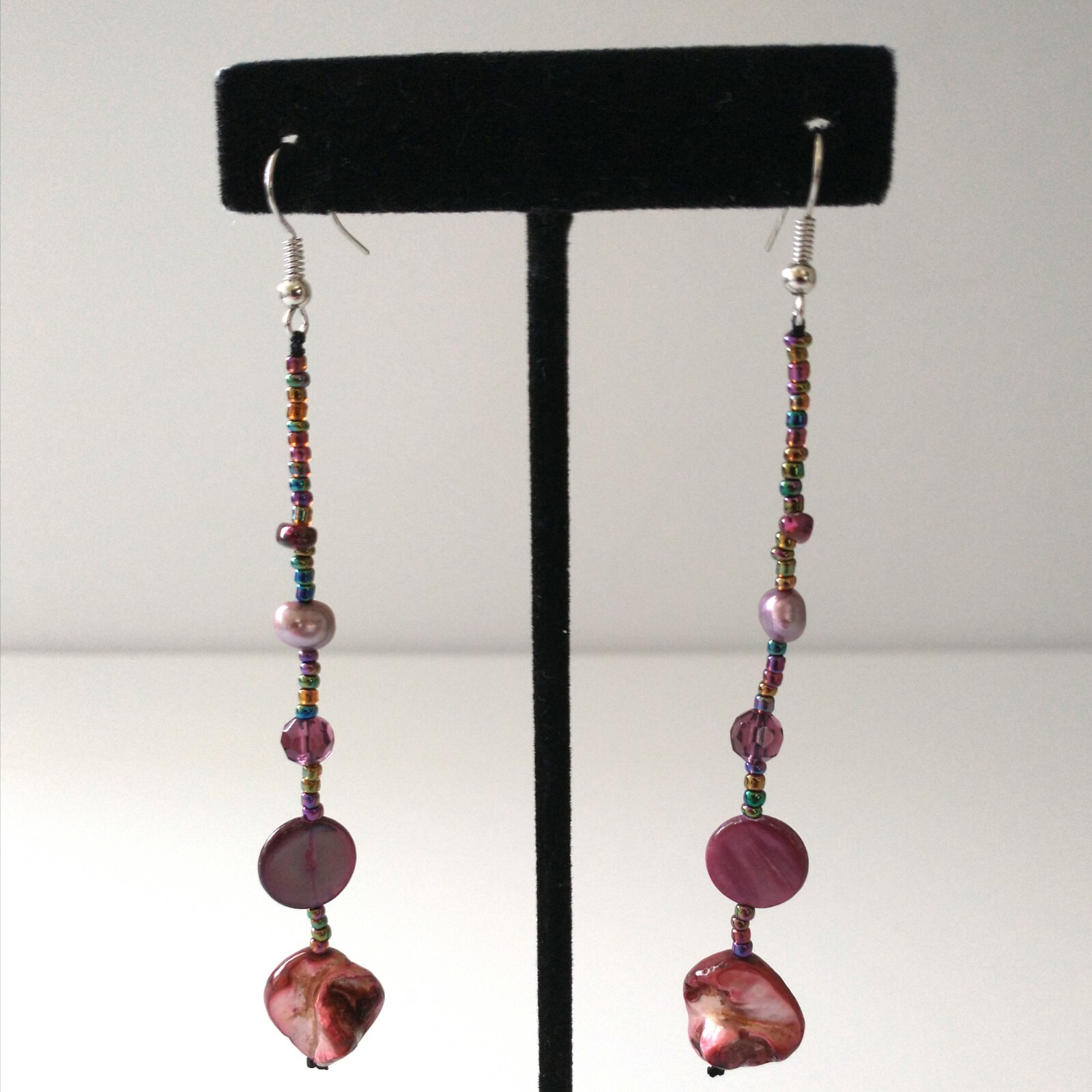 Pink Shell Beaded Dangle Earrings Boho Coastal Beach Mermaidcore Statement