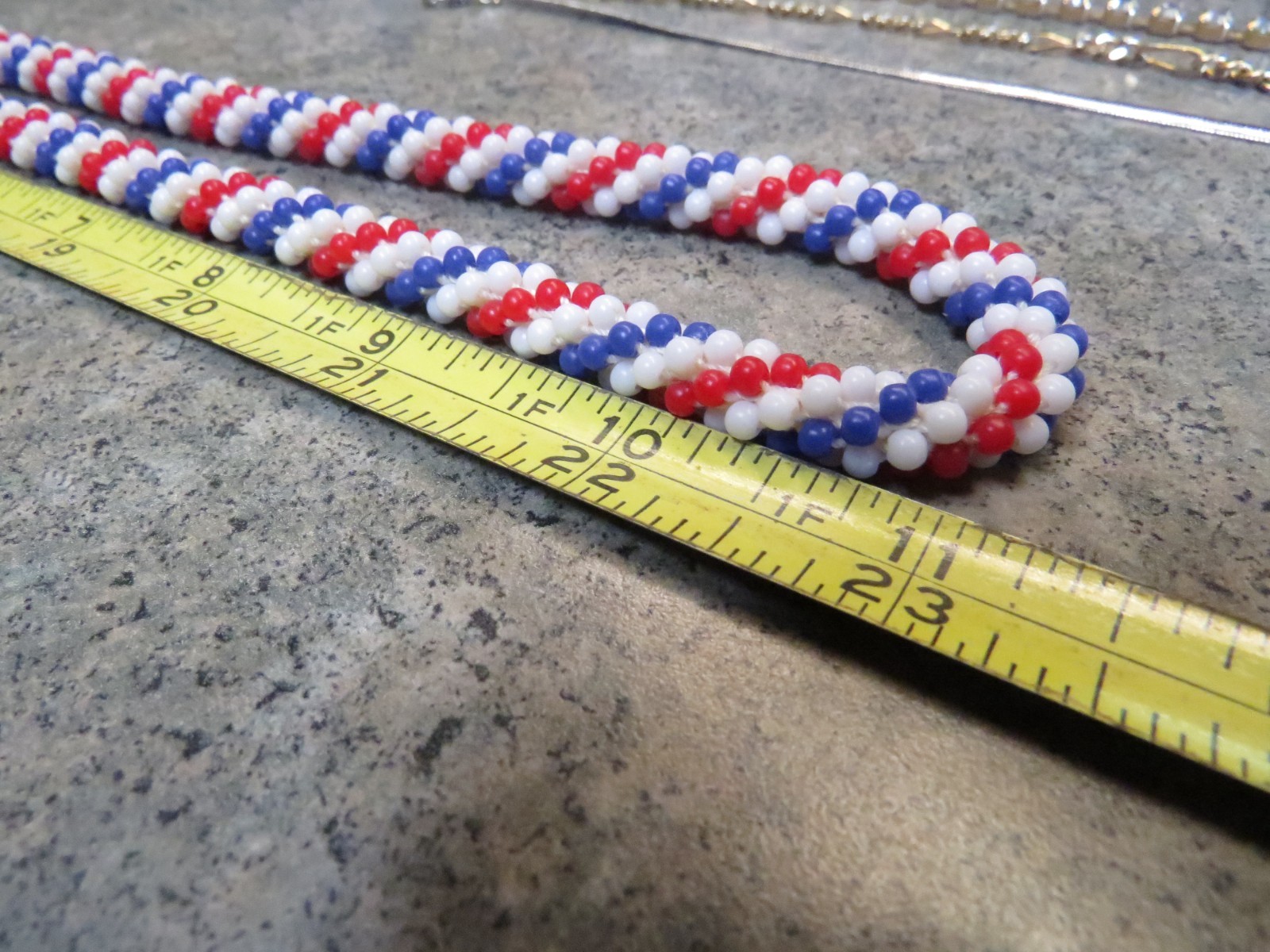 Vintage Patriotic Red White & Blue Glass Bead Necklace Extra Long 46″