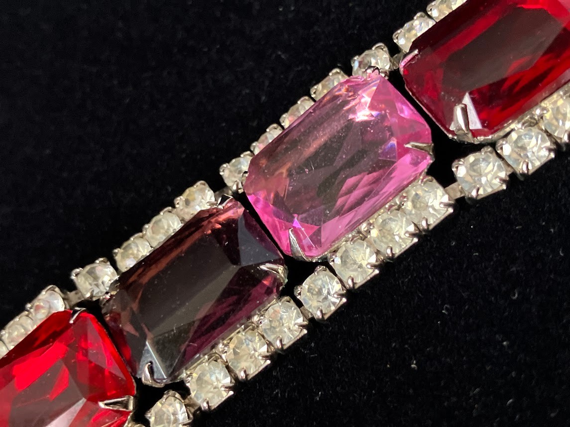 Vintage Rhinestone Panel Bracelet Square Cut Chunky Bling Purple Pink Red Clear