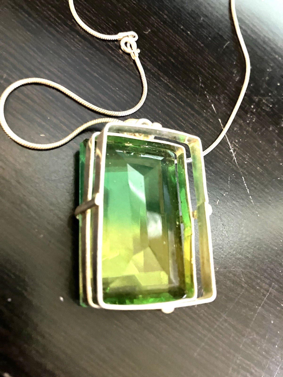 Large Square Faceted Green RS Necklace n Italy 925 Sterling Silver Chain/Setting