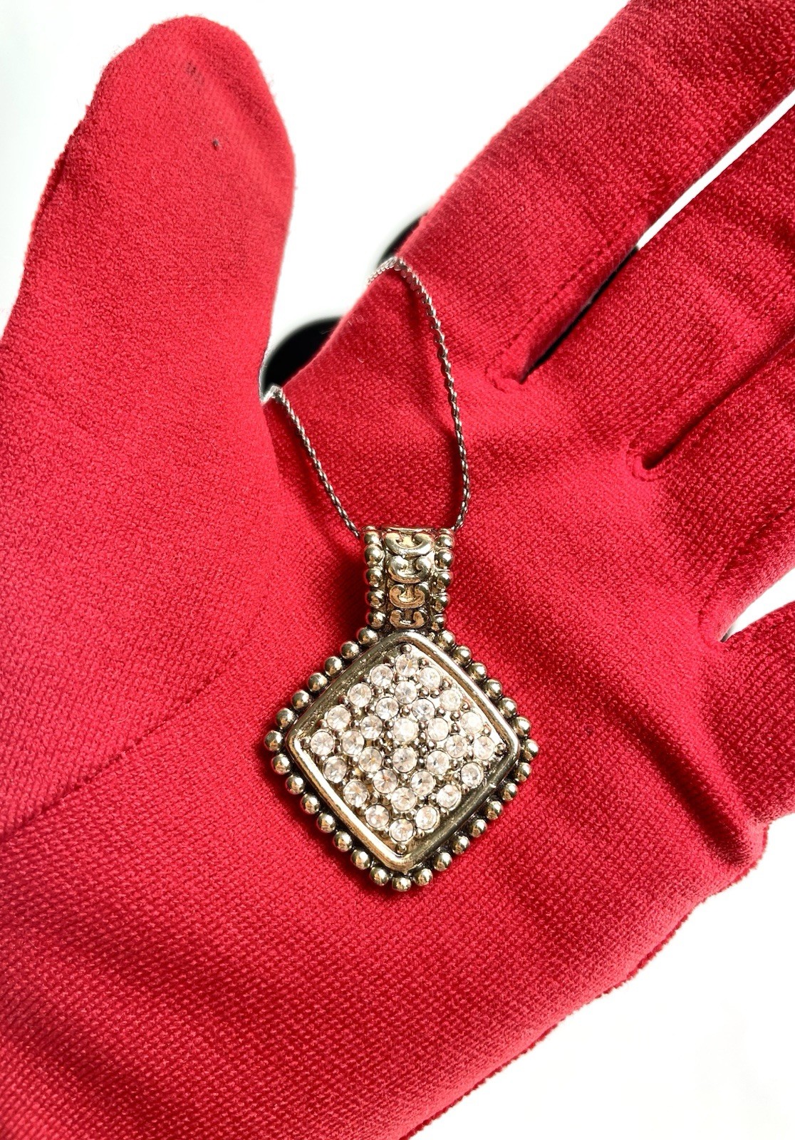 Vintage Roman Necklace Silver Tone Signed & Marked Chain 17” Square Pendant .75”