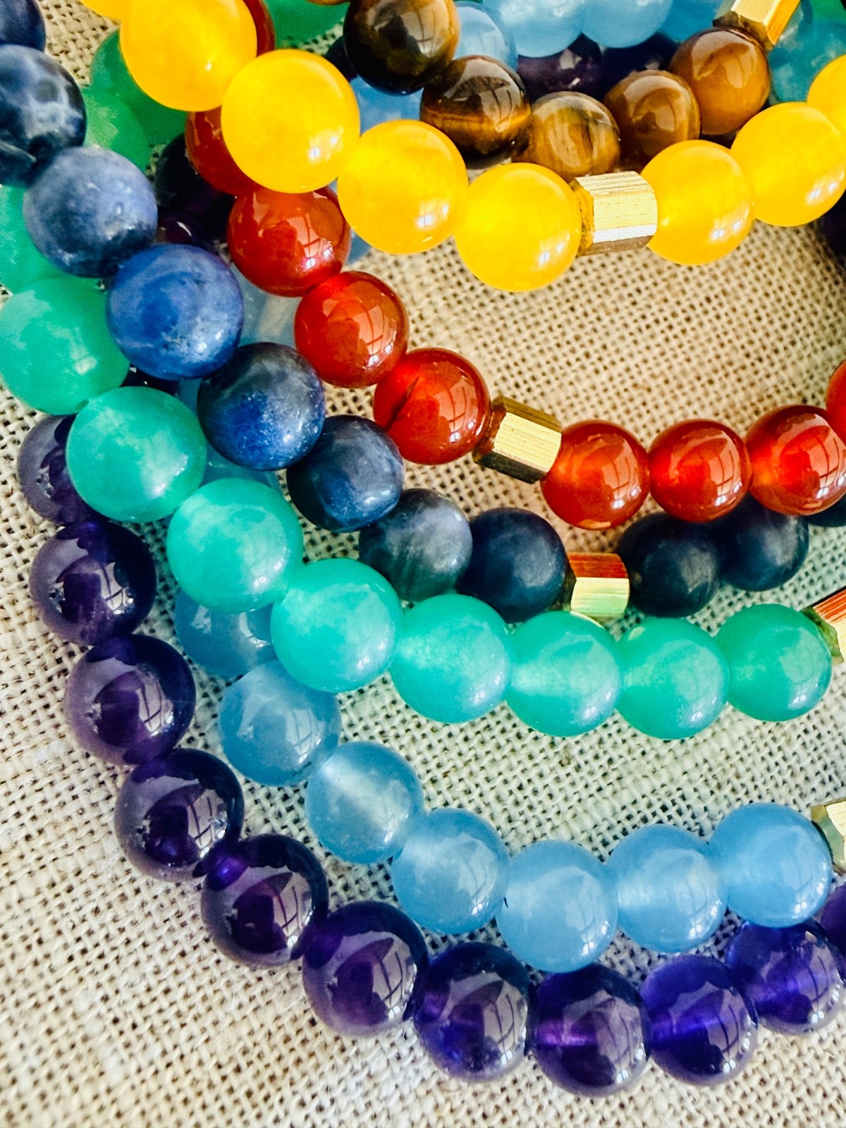 Natural Gemstone Bracelet Set Tiger Eye Amethyst Carnelia Jade Lapis