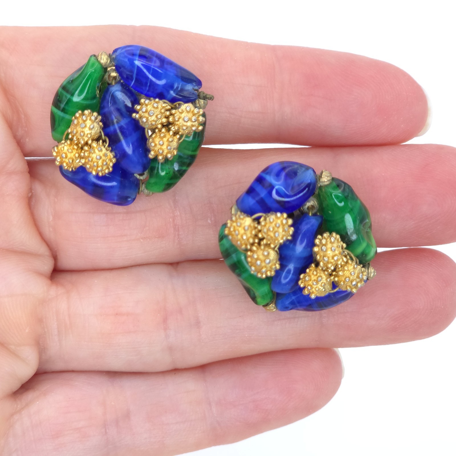 Elegant Vintage Les Bernard Clip On Earrings Blue & Green Glass Golden Ornament